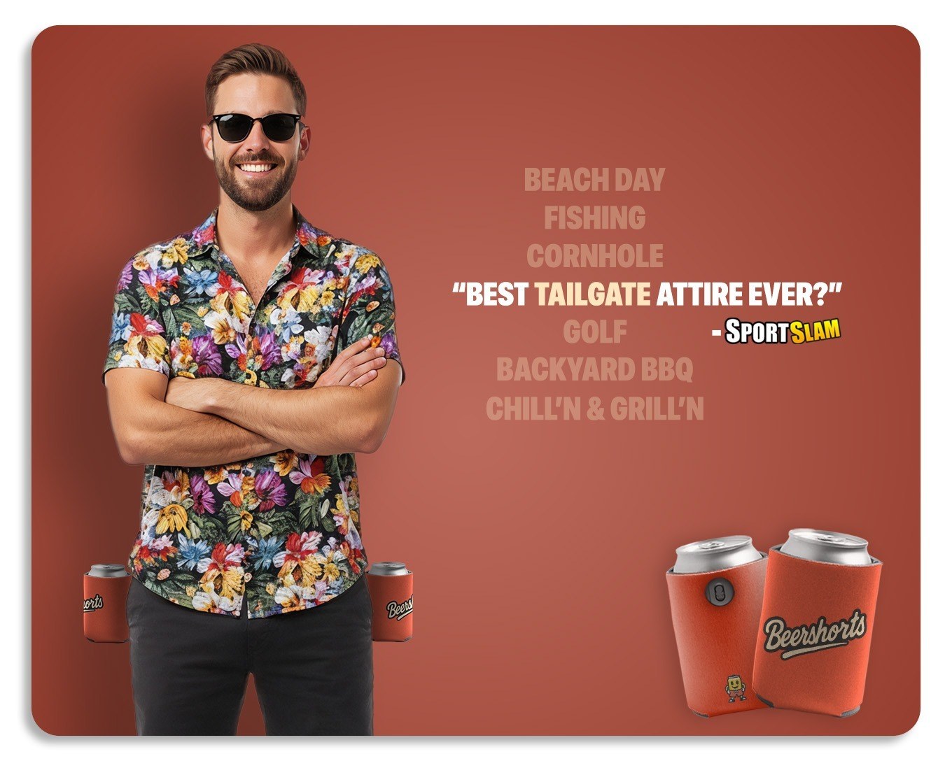 Beershorts board shorts with two magnetic can coolers. Beach day, fishing, cornhole, golf, backyard BBQ.